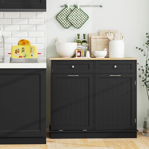 LOKO Kitchen Tilt Out Trash Cabinet, Pet Proof Trash Can Cabinet with 2 Drawers & Adjustable Shelf & Rubber Wood Tabletop, 39.5 x 14 x 35.5 inches (Black)