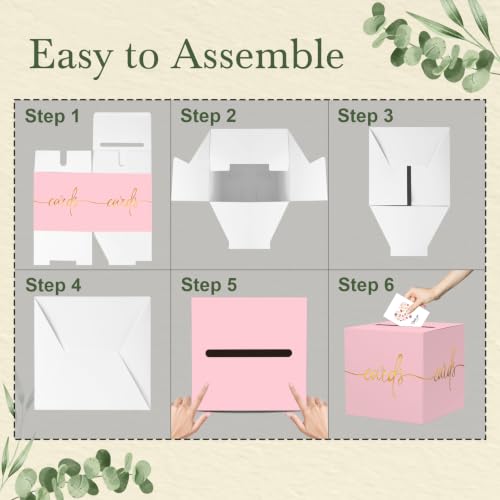 Image of Light Pink Card Box with Gold Foil Design, Paperboard 8.7 inch Gift Card Holder for Wedding Graduation Birthday Party Reception Retirement Anniversary Bridal & Baby Shower