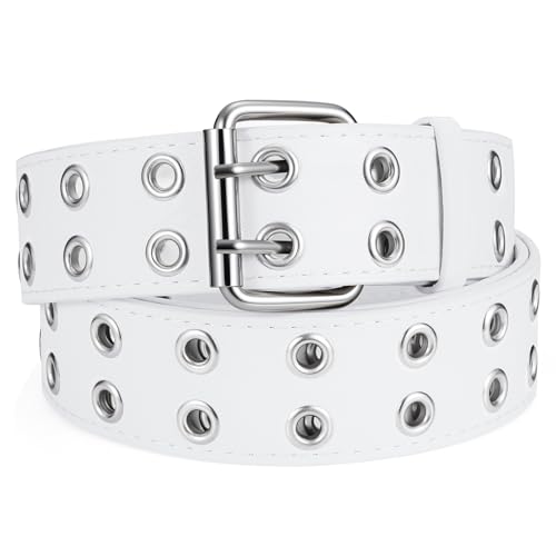 SANSTHS Women Double Grommet Studded Belts, white Leather Belt for