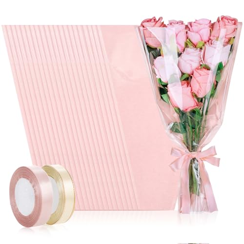 tchrules 50PCS Flower Bouquet Wrapping Paper with Ribbon Pink Kraft Flower Sleeves for Bouquets Floral Packing Bags Bulk for Valentines Day Mothers Day Graduation Wedding 17.7x11x3.5 inch