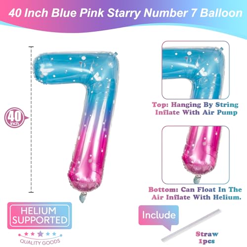 Image of 40 Inch Balloon Number 7 Mermaid, Large Mylar Foil Blue Pink Starry Number Seven Balloons Set for Girls Women, Rainbow Globos de Numero 7 Helium Balloons for Girls 7th Birthday Party Decorations