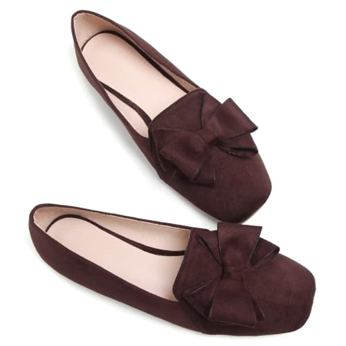 Image of WENJIAZHIZHI Square Toe Bow Ballet Slip-On | Classic Suede Finish,Chic Bow Detail,Effortless Everyday Style,Wedding Party Office,Plus Size Available