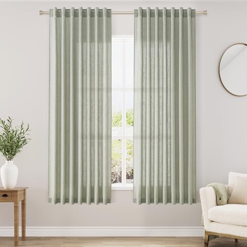 Image of Nanspring Sage Green Linen Curtains 63 Inches Length 2 Panels Set for Living Room Back Tab Pocket Light Filtering Semi Sheer Drapes Cotton Linen Textured Pale Green Window Curtain 52X63 Inches