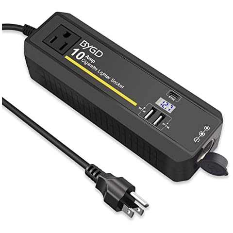 BYGD 4 in 1 AC to DC Converter, 120W Adapter 12V 10A Car Cigarette Converter Lighter Socket Cigarette Lighter Socket Power Adapter 2 USB Ports 5V/2.4A and Type-C, LCD Screen Cover