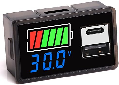 Battery Monitor Meter Capacity Tester, DC 8-30V Battery Monitor Quick Changer USB Port Type C Port 12V 24V Digital Battery Capacity Tester Car Motorcycle Golf Cart RV Battery Meter Indicator Panel