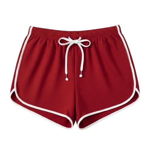 Women’s Drawstring Dolphin Shorts, Red with White Piping – Lightweight Athletic, Yoga, Gym & Everyday Wear | Size Small-image-35