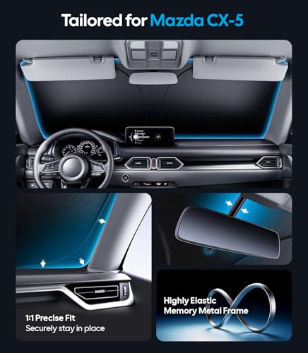 Image of Wigoo for Mazda CX-5 Windshield Sunshade [OEM Design, 100% Sun Blockage] Foldable Heat Insulation Sun Shade with Storage Bag, for Mazda CX-5 (2017-2026), Silver Coating