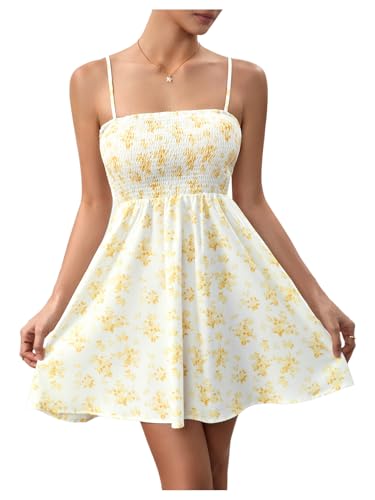 Image of Floerns Women's Boho Floral Print Sleeveless Sundress Ruched Bust Flare Hem Vacation Cami Short Dress