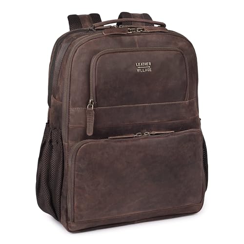 LEATHER VILLAGE Vintage Leather Laptop Backpack for Men & Women Professional Business Bag Fits 17- Laptop Travel Hiking Daypack with Trolley Strap - Mahogany Brown