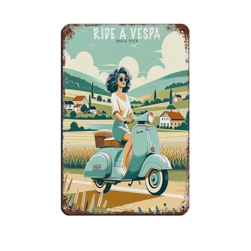 UIYTYBGAG Blechschild Italienische Frau auf einer Vespa, Vintage, Metall, Pub, Club, Café, Bar, Zuhause, Wandkunst, Dekoration, Poster, Retro, 20 x 30 cm