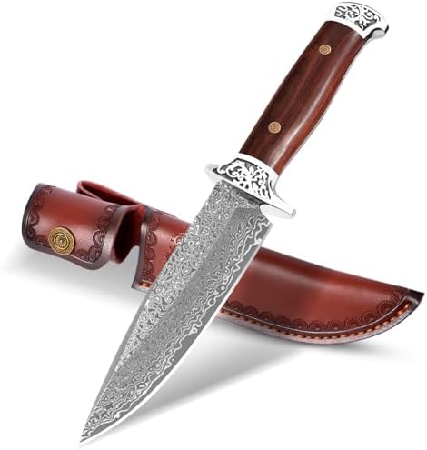 DRACHENADER 67-Layer Damascus Hunting Knife H-Y, 10.87" Fixed Blade Knife with Rosewood Handle and Leather Sheath, Outdoor Bushcraft Camping Tool