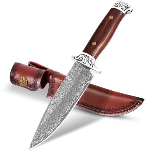 DRACHENADER Cuchillo de caza hoja fija H-Y, acero damasco, mango de madera, cuchillo de outdoor para camping
