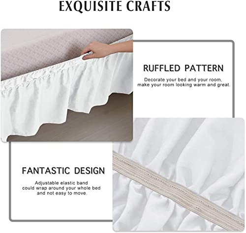 MEILA Wrap Around Bed Skirt Three Fabric Sides Elastic Dust Ruffled 18 Inch Tailored Drop,Easy to Install Fade Resistant-White, Queen/King