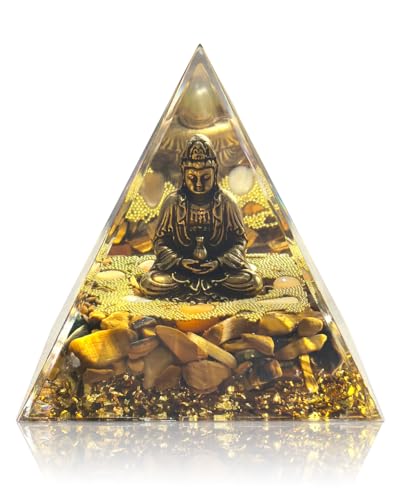 Image of Orgone Pyramid with Healing Crystals - (Buddha, Golden) - Energy Generator for Positive Vibe, Stress Relief & Chakra Reiki Meditation - Pyramid Decor - Spiritual Gift for Success, Wealth & Prosperity