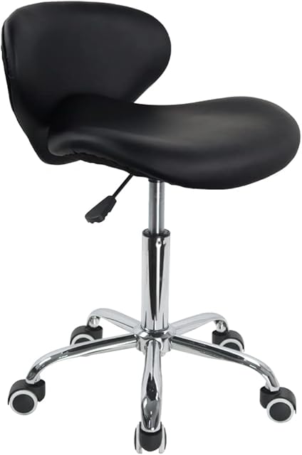 KKTONER PU Leather Low Back Rolling Stool Height Adjustable Modern Shell Shape Seat Home Office Drafting Chair with Wheels (Black)
