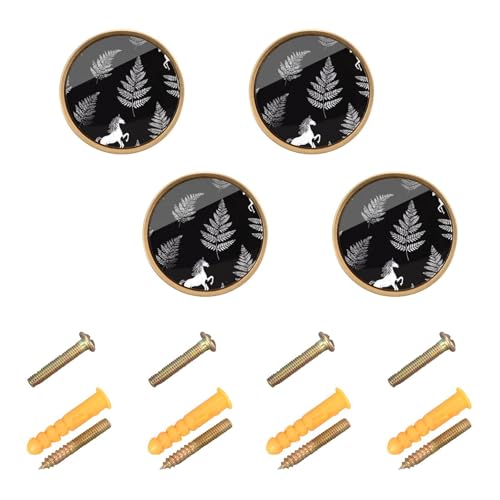 SyXIOP Tiradores de madera de unicornios de helecho negro para gabinete, pomos bohemios dorados de 1.26 pulgadas (32 mm) para pasillo, paquete de 4