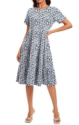 Image of Womens Summer Short Sleeve Crew Neck Midi Dress 2026 Casual Fit Flowy Tiered Beach Vacation Sundress with Pockets