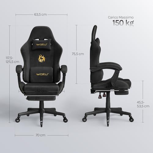 Sedia da gaming, Sedia Gaming Ergonomica con Ruote Silenziose, Altezza e Inclinazione Regolabile, con Braccioli Sincronizzati e Poggiapiedi, in Tessuto Scamosciato, Nero - Sedia gaming - Immagine 2