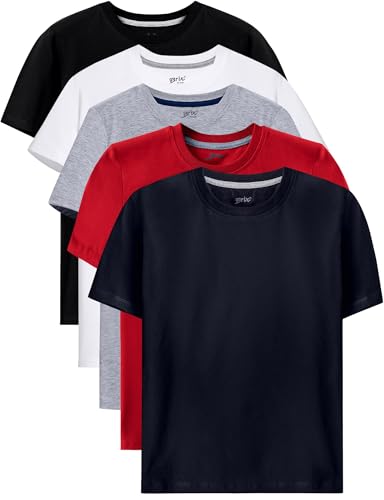 El Mejor Listado de Camisetas de pijama para Niño los 5 más buscados. 44 Brix - Paquete de 5 camisetas para niños, cuello redondo, 100% algodón, sin etiquetas, paquete múltiple para niños, manga corta, Negro, blanco, azul marino, gris, rojo, 6-7...