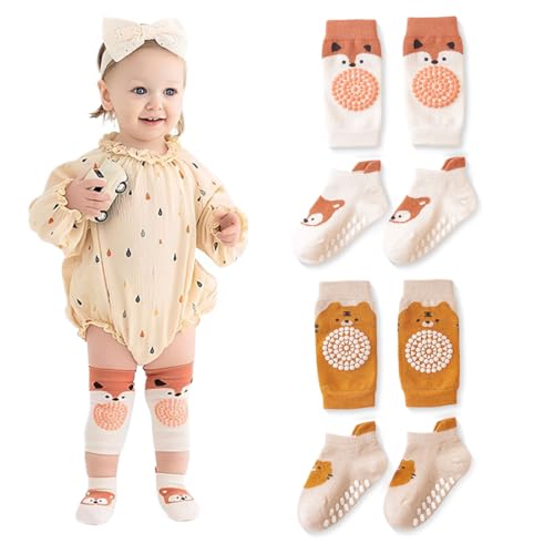 2 paires de genouillères pour bébé et 2 paires de chaussettes, chaussette antiderapante bebe, protege genoux bebe, motif de dessin animé, genouillères, coton, pour les tout-petits de 0 à 12 mois