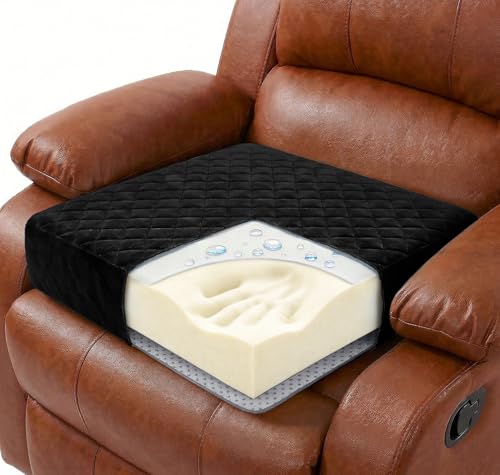 Medium-Soft 20x20x5 Memory Foam Recliner Chair Seat Cushion for Long Sitting - Armchair Pad with Washable Velvety Cover with Waterproof Layer & Non-Slip Base for Seniors & Elderly - Black