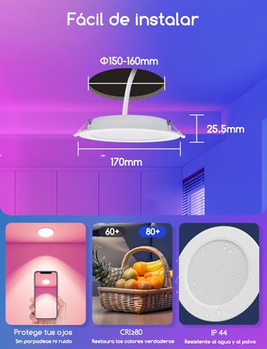 Aigostar 15W Downlight LED Techo Emportrable Inteligente, Focos Empotrada Bluethooth Mesh Compatible con Alexa, 1430LM RGB y Blanco Regulable 2700-6500K, con Control Remoto， IP44, Ф150-160mm, 4 Uds - imagen 5