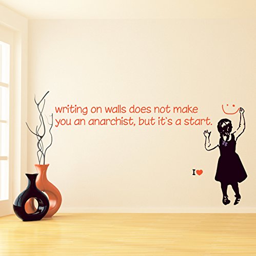 AnOL Banksy Vinilo para Pared Frase La Escritura en Paredes no te Hacen Anarquista/De Colores Niña con Cara Sonriente/Street Graffiti Pegatina + Gratis Adhesivo (220x116 cm)