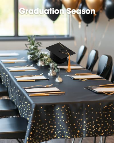 Image of Pureegg Plastic Table Cloth Disposable 10 Pack, 54 x 108 Inch Table Cloths, Graduation Decorations Class of 2025, Graduation Tablecloths, Rectangle, Plastic Cover, Leakproof & Sturdy, Black and Gold