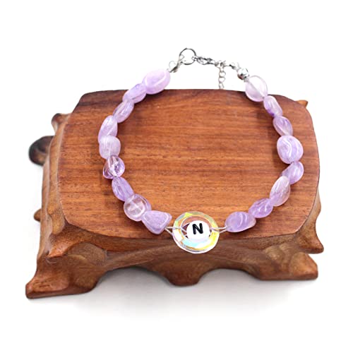Image of Uloveido Purple Natural Stone and Austrian Crystal Letter Bracelet, Personalized Initial Jewelry for Women A-Z 26 Letters