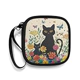Capa de transporte para fone de ouvido com flor de gato preto portátil para fones de ouvido Bluetooth sem fio, cabos, fones de ouvido, carregador, pen driver, MP3