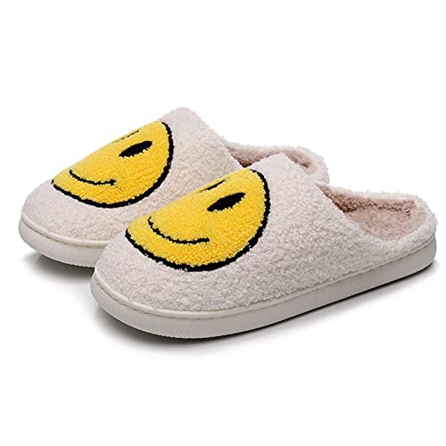 Gzcvba Cute Happy Face Slippers for Women Men, Retro Soft Plush Warm Cushioned Lightweight Non-Slip House Slippers Cozy Indoor Outdoor Slippers (7-8 Women/6-7 Men, White)