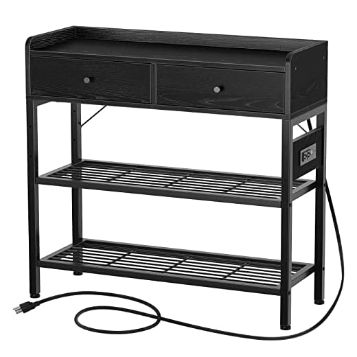 Rolanstar Entryway Table with Drawers,31.5” Entry Hallway Table with Charging Station Metal Storage Shelves,3-Tier Console Sofa Table Entry Stand with LED Lights for Couch, Entrance, Living Room