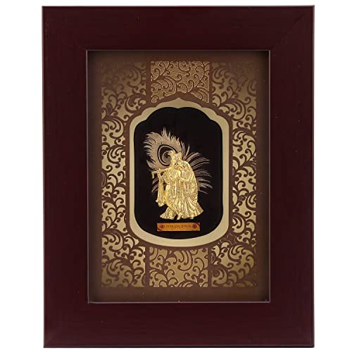 Image of Pk & Pk Jewellers Lord Radha Krishna with Peacock Feather | 24KT Gold Frame | Solid Carving Collection | Small Size [17x22 cm] (For Premium Gift, Temple, Table Decor, Home Decoration)