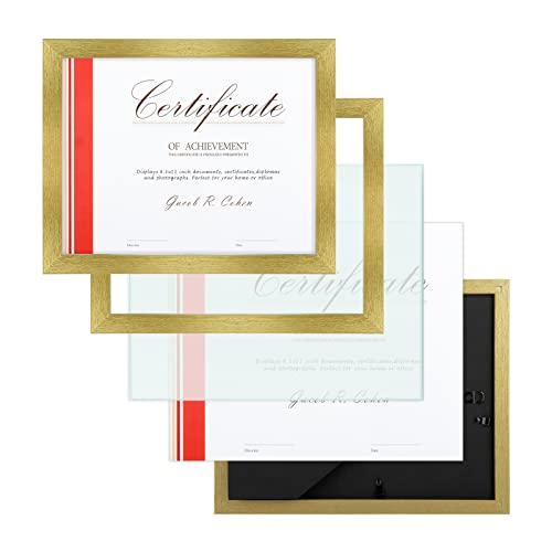 Frametory, 8.5X11 Certificate Frame With Back Hangers For Wall Display, Easel Stand Picture Frame For Diploma, Documents, Awards, Wide Molding (Gold, 2-Pack) #TOP4