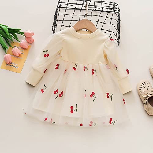 Vestido infantil para meninas outono inverno manga longa cereja malha patchwork malha tule vestido p