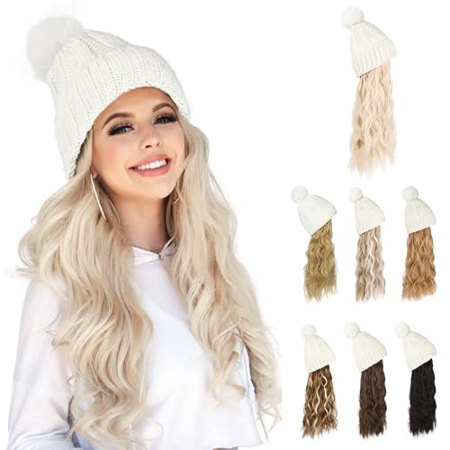 Flufymooz Beanie Wig, Hat Hair Extension Long Wavy Curly Black Hat Wig with Faux Fur Pom Hat, Wig hat Attached 20 Inch Synthetic Hairpiece for Women Girls Winter (Cool Blonde)