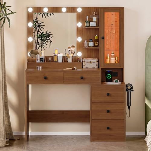 Image of HUANLEGO Vanity Desk with Mirror and Lights, Walnut Makeup Vanity Mirror with Lights Desk with 5 Drawers, Jewelry Organizer& LED Glass Cabinet, 3 Light Mode Dressing Table Set for Girls, Women