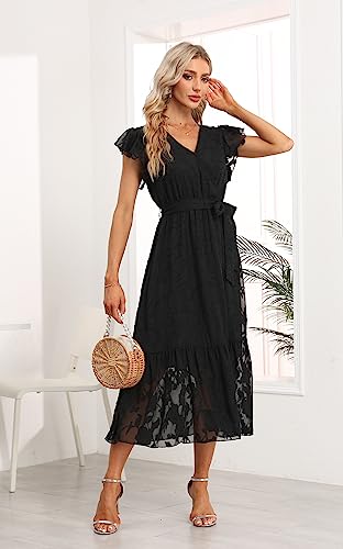 Image of VintageClothing Womens Sundress Casual Floral Summer Boho Dress | Flowy Wrap V Neck Ruffle A-Line Pleated Hem Midi Dresses
