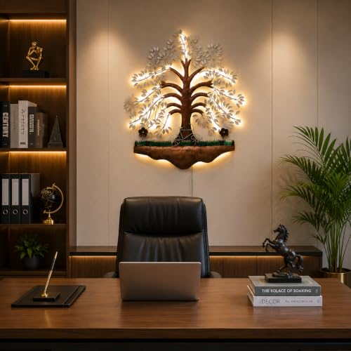 Image of Bharat Art Metal LED Tree Wall Art | Handcrafted Iron Tree Wall Hanging for Living Room, Bedroom, Hall & Office Pesto Tree White B, 31 x 2 x 40 Inch | WD056 (B)
