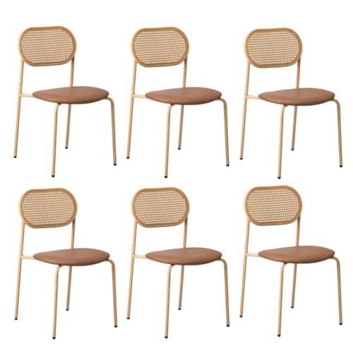 OIKITURE Dining Chair 6PCS, PU Leather Dining Chair with Metal Legs, Accent Chair w/Rattan Backrest, Ergonomic Chair Set for Kitchen Dining Room Cafe Office, Brown