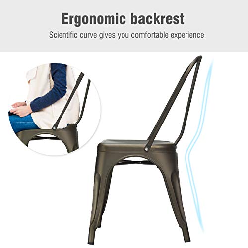 Image of COSTWAY Stackable Metal Dining Chairs Set of 4 with Back, Indoor & Outdoor | Gun Color, Industrial Vintage Style, Breathable Seat, High Backrest, for Dining Room, Kitchen, Bar, Cafe, Bistro, Restaurant