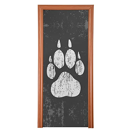 Poeticcity Vintage White Dog Paw Print on Retro Dirty Background Door Cover, Washable Fabric Durable Door Decoration Silk Microfiber for Front Door Porch Home Indoor Outdoor Party 32x79 inches