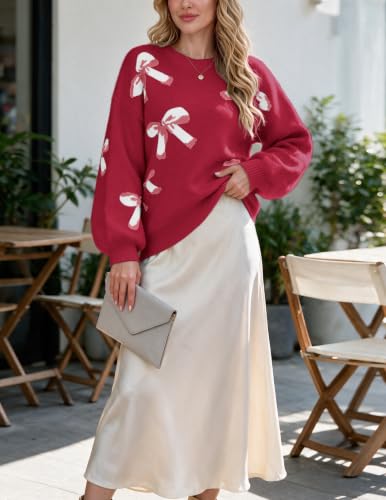 Image of Libsorge Womens Oversized Cute Bows Crewneck Pullover Sweater