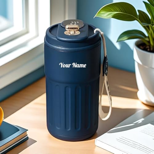 Image of Giftana Personalized Valentines Gift Set - Coffee Tumbler with Temperature Display, Brownie Brittle & Valentines Day Card - Valentine Gift for Girlfriend Boyfriend, Travel Mug 420ml - Blue