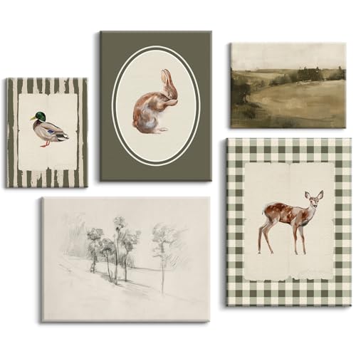Image of Vintage Nursery Wall Art Kids Canvas Poster Baby Boy Room Wall Decor Green Rabbit Wall Art Bunny Bird Prints Deer Picture Farmhouse Painting Nursery Artwork for Bedroom 8x10x5 Inch Ready to Hang