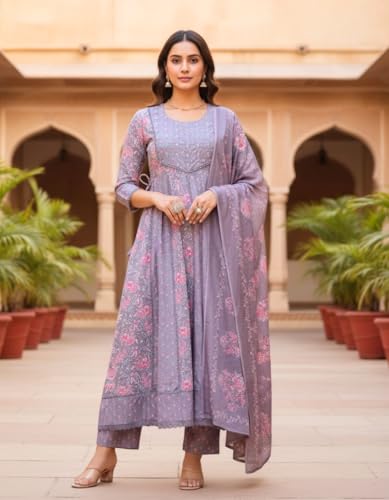 Image of Pure Cotton Anarkali Kurta Set for Women with Dupatta | 3 Piece Cotton Anarkali Suit | Floral Aari Work | Flared Ethnic Wear