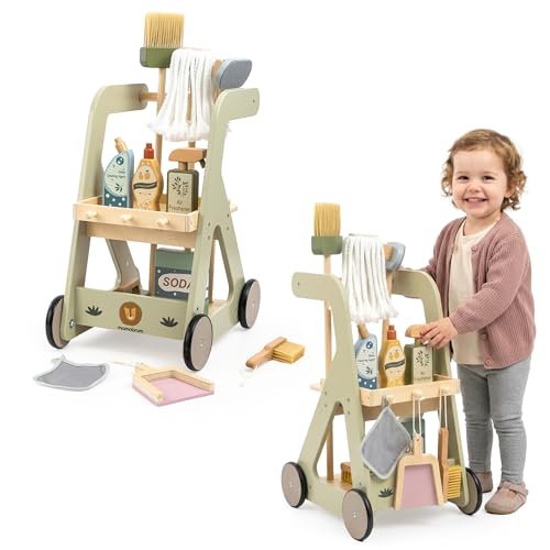 Mamabrum Chariot de nettoyage en bois pour enfants avec accessoires sur roues ensemble de 11 pièces poussoir jouet éducatif jeu de rôle