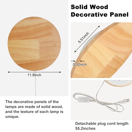 Image of Modern Minimalist Plug in Wall Sconces, Plug-in Or Cordless 11.8'' Round Wood Backlight LED Wall Lamp, 25W, 2500LM Warm White Brightness Wall Light Fixtures for Bedroom, Living Room Wall Decor