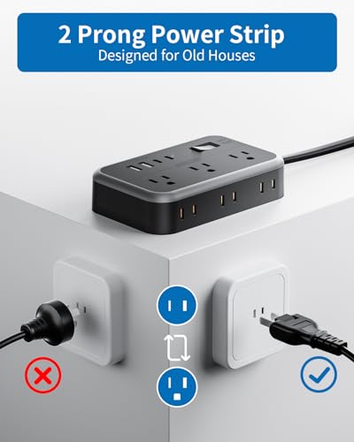 NTONPOWER Extensión 2 Prong con 6 Tomas, 2 USB C y 2 USB A, 1875W, Protector contra Sobretensión 1080J, Enchufe Plano Giratorio 180° miniatura 2