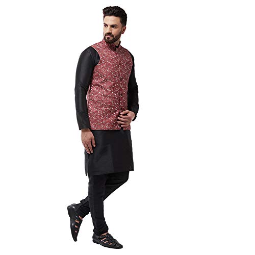 Image of SOJANYA (Since 1958 Men's Silk Blend Black Kurta Pyjama & Printed Nehrujacket Combo